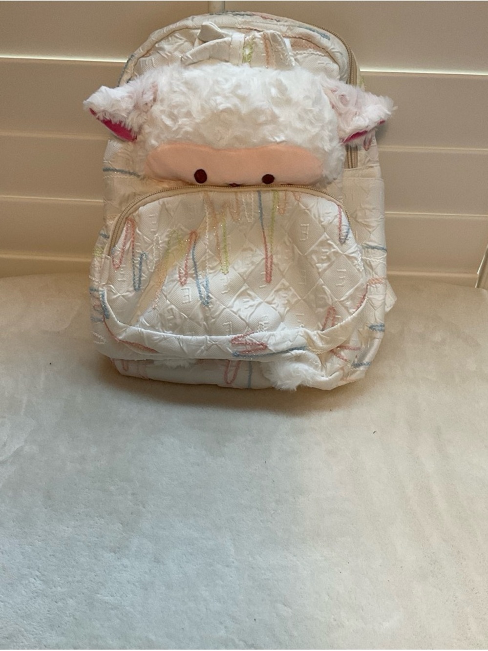 Plush Lamb Kids Backpack - White with Pastel Accents